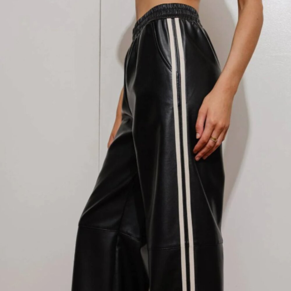 Faux Leather Pants Side Stripe Black
